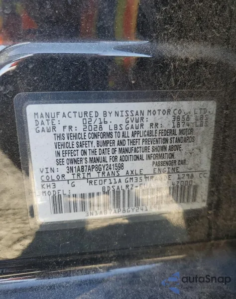 2016 Nissan Sentra S z USA, uszkodzony, nr VIN 3N1AB7AP8GY241598